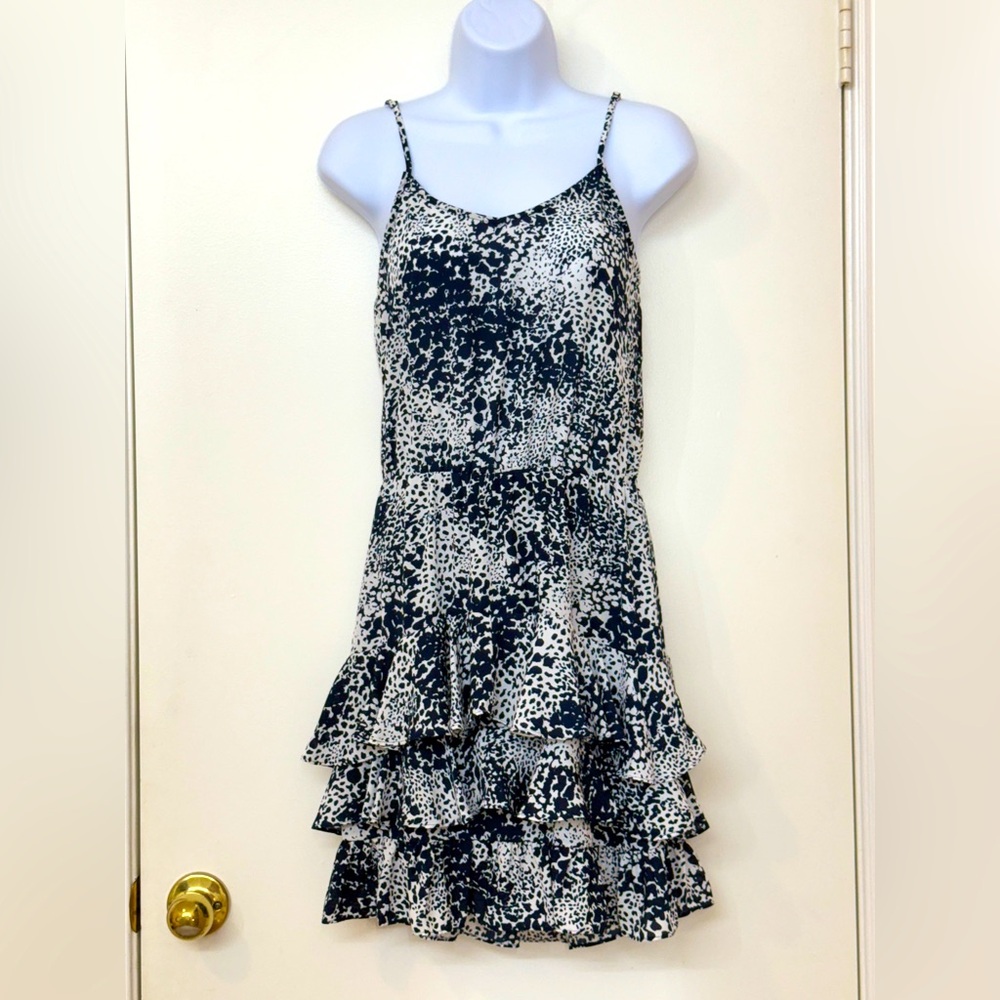 AQUA Women Ruffle Tiered Slip Dress, Blue & White Floral , Chiffon, Size XS